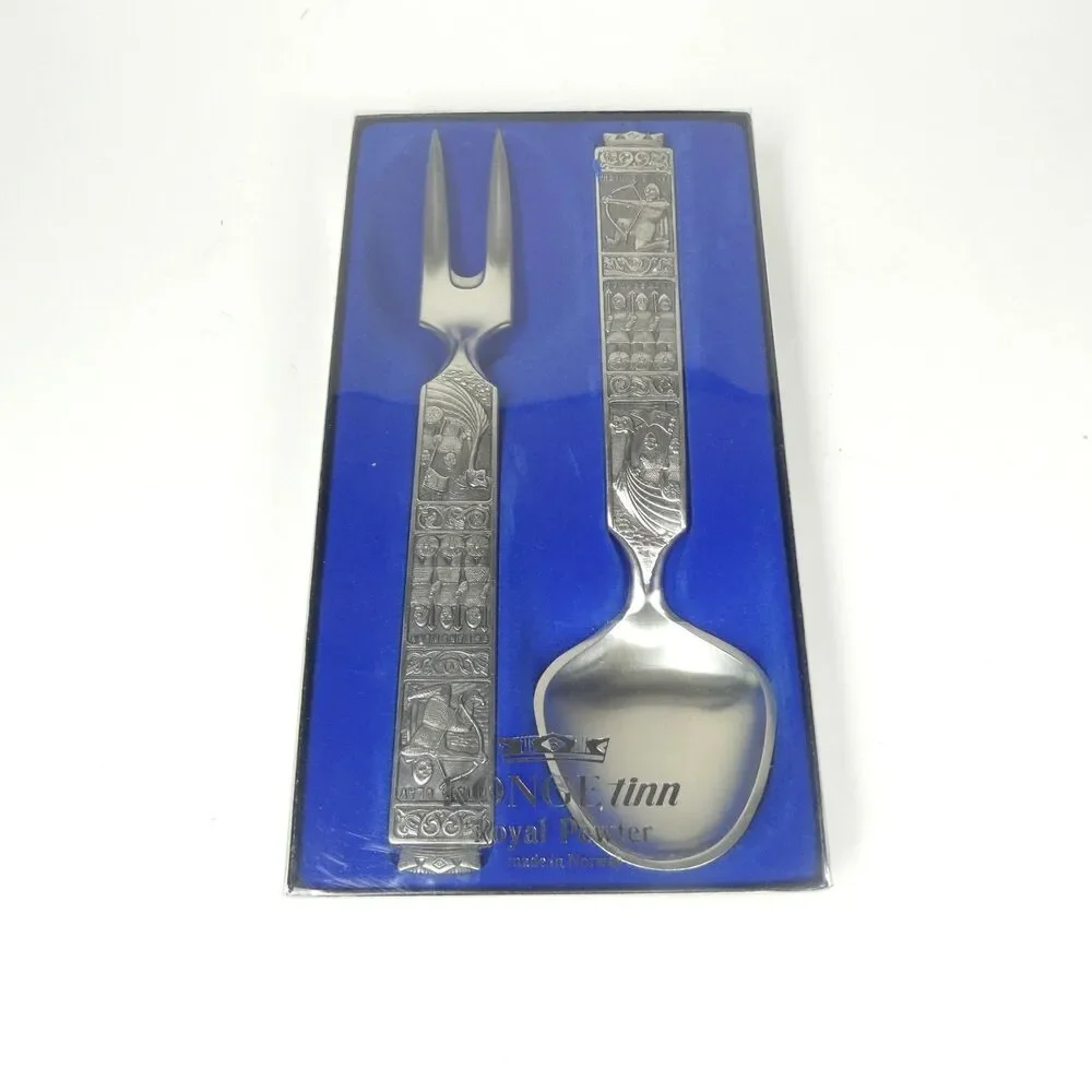 Konge Tinn Pewter Norway Serving Fork & Spoon Set Vintage Servers